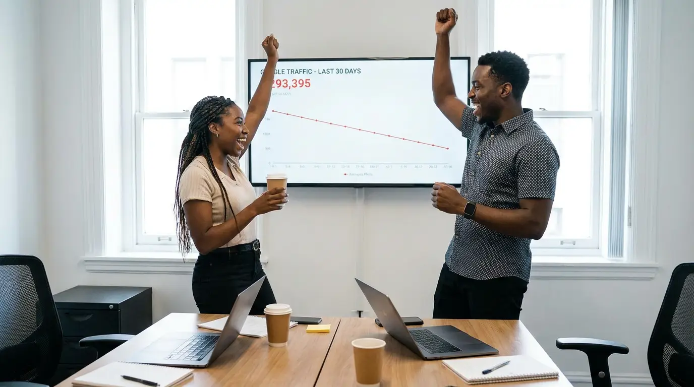Two marketers celebrating in front of a screen showing a falling Google traffic graph — hype outpacing the results.