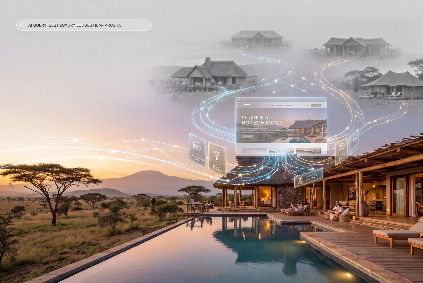 A luxury safari lodge surfacing inside an AI assistant’s answer to the query “best luxury lodges near Arusha.”