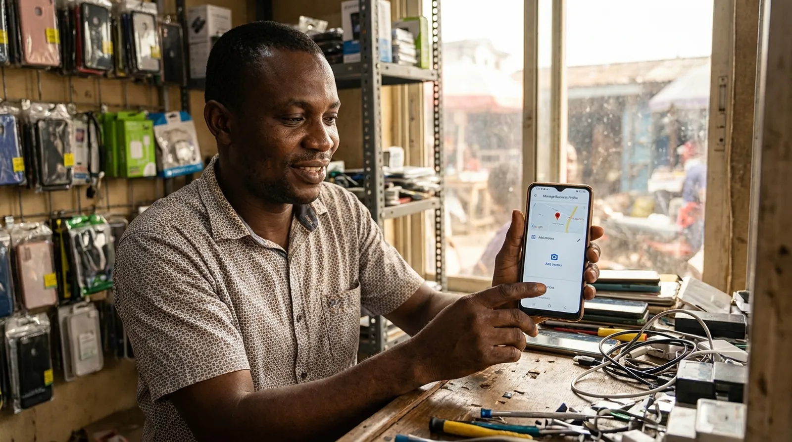 A phone-repair shop owner holding up his phone showing his Google Business Profile and a Google Maps pin.