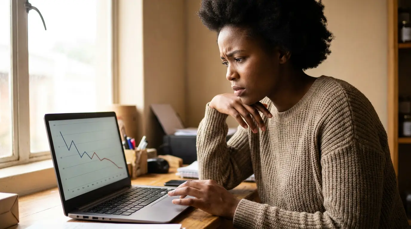 A small-business owner looking anxiously at a laptop showing a falling website-traffic graph.