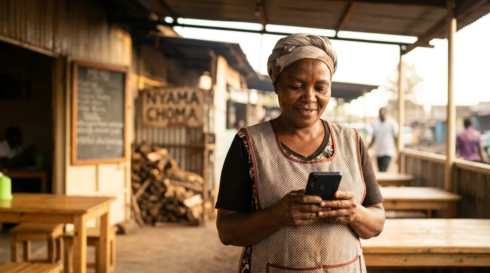 A nyama choma food-stall owner on her phone — the hours, menu and reviews that schema markup turns into facts a machine can read.